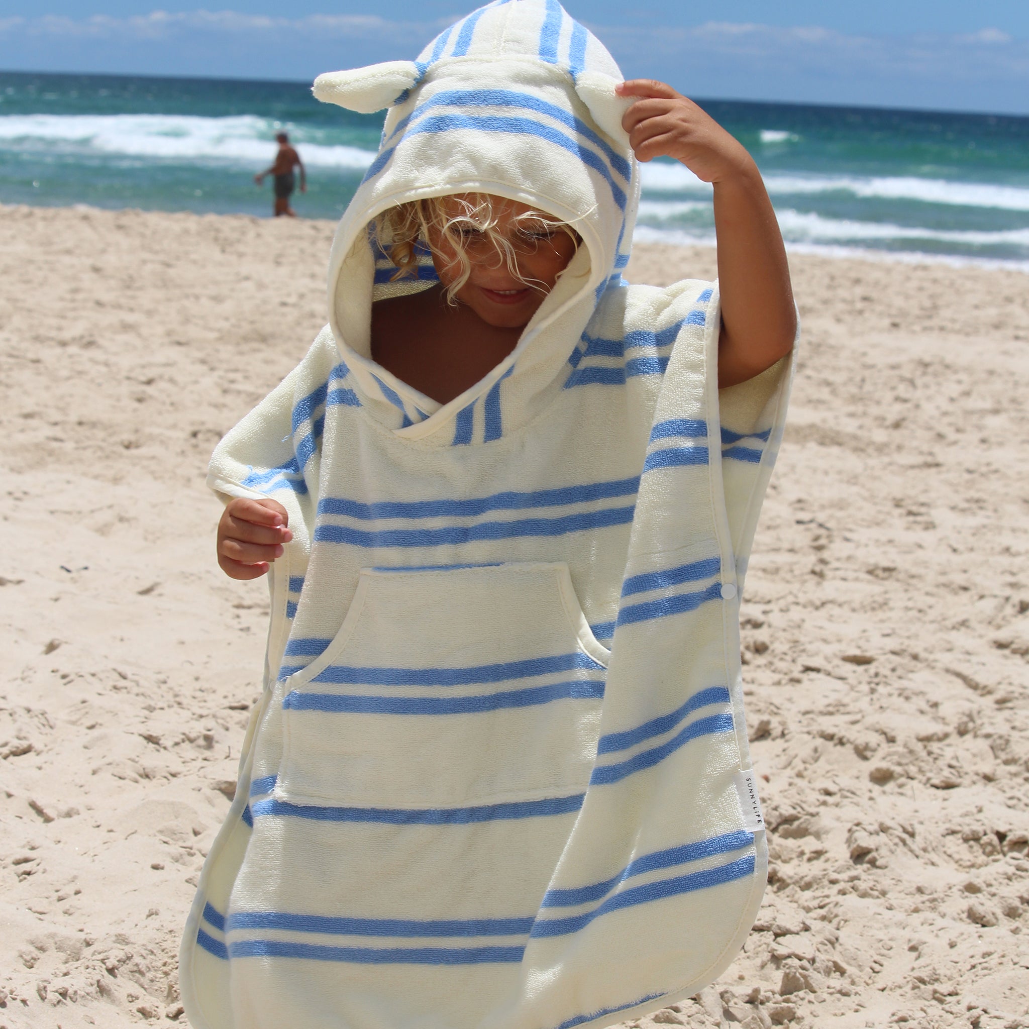 Kids Beach Poncho Towel - Sammy the Seagull Blue Stripe
