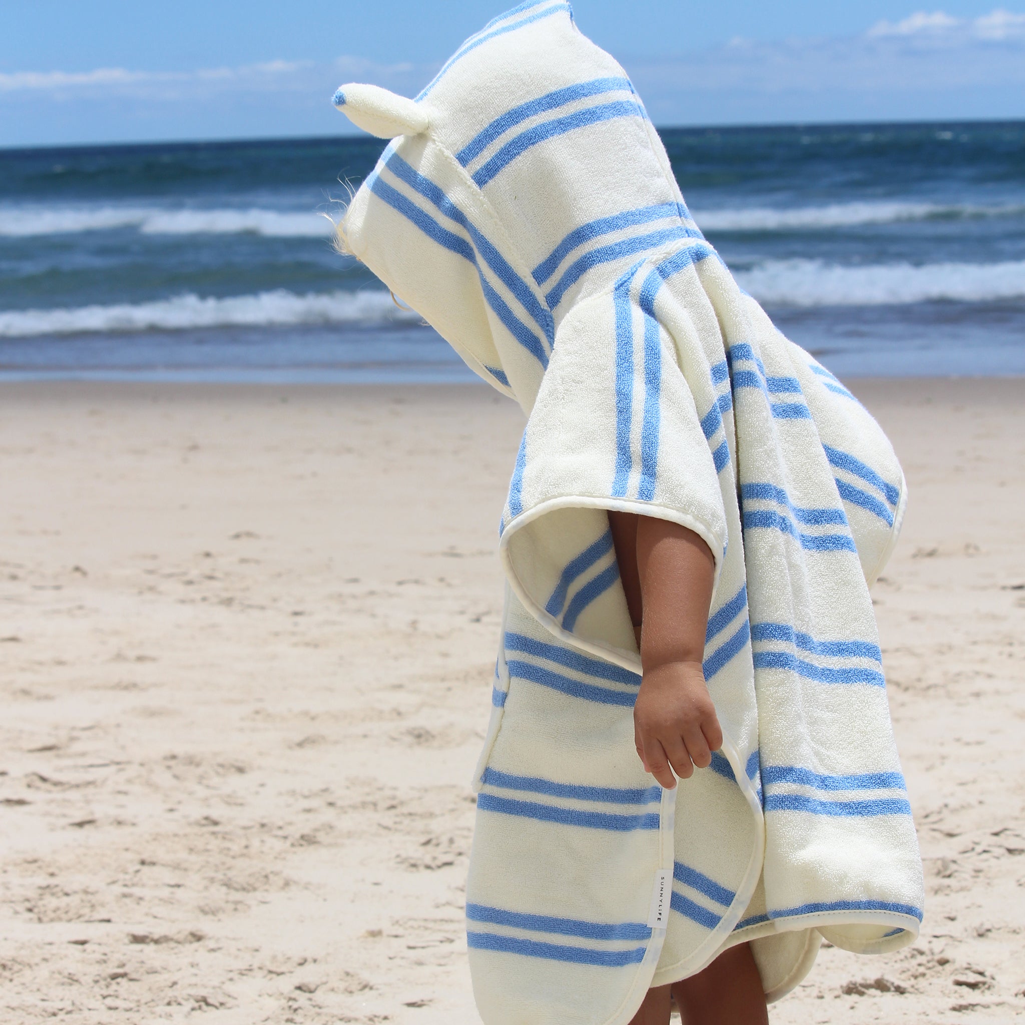 Kids Beach Poncho Towel - Sammy the Seagull Blue Stripe