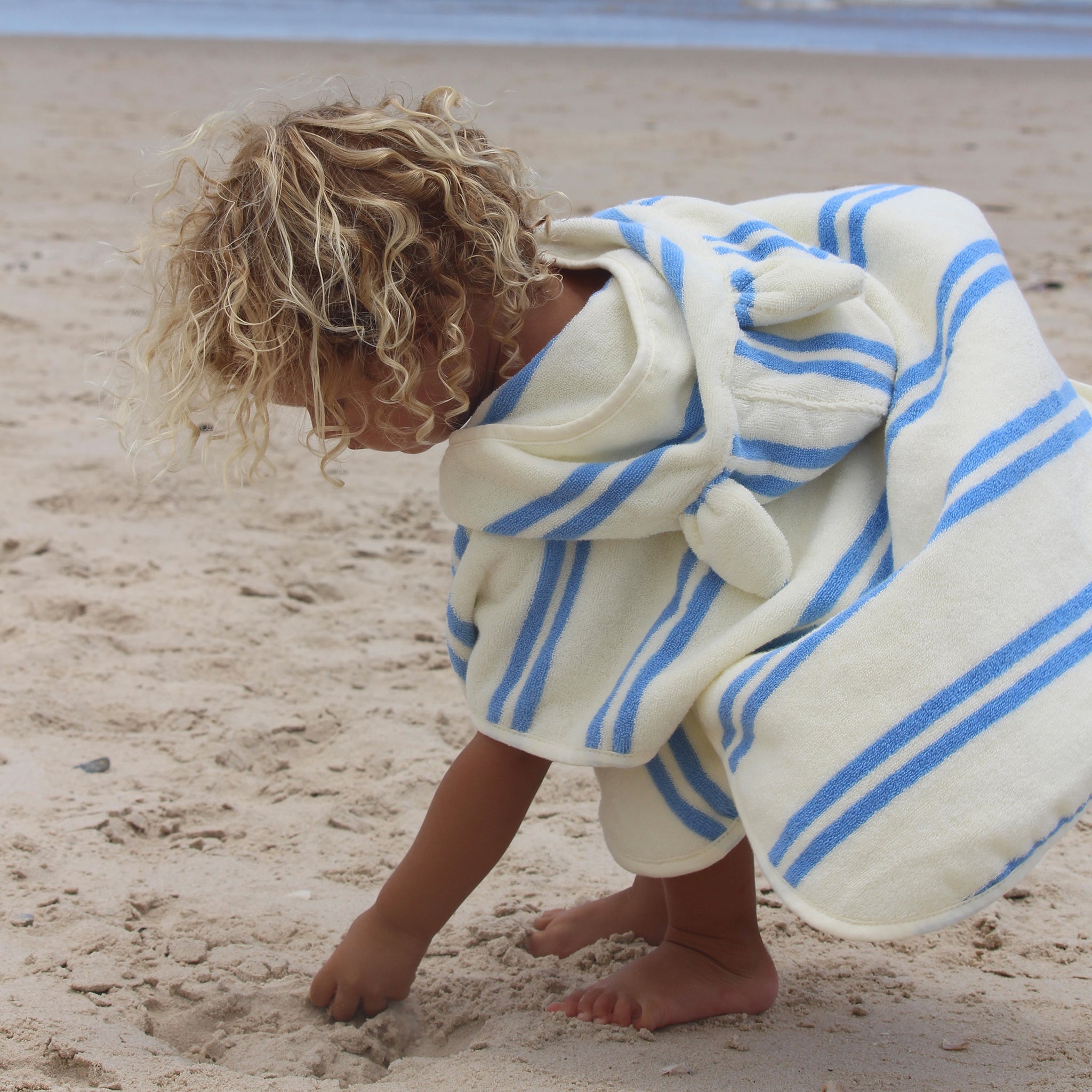 Kids Beach Poncho Towel - Sammy the Seagull Blue Stripe