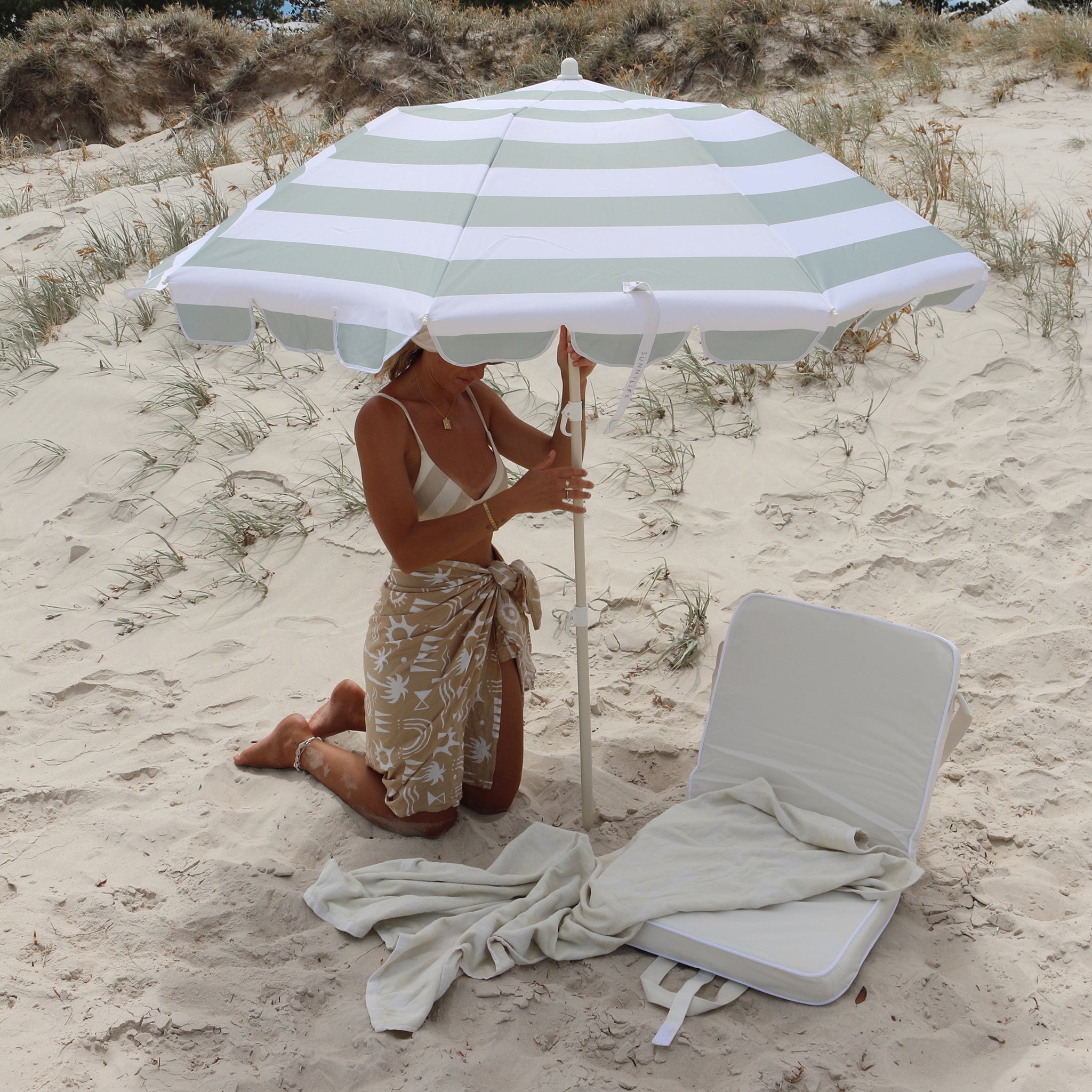 Compact Beach Umbrella - Sea Sage Stripe