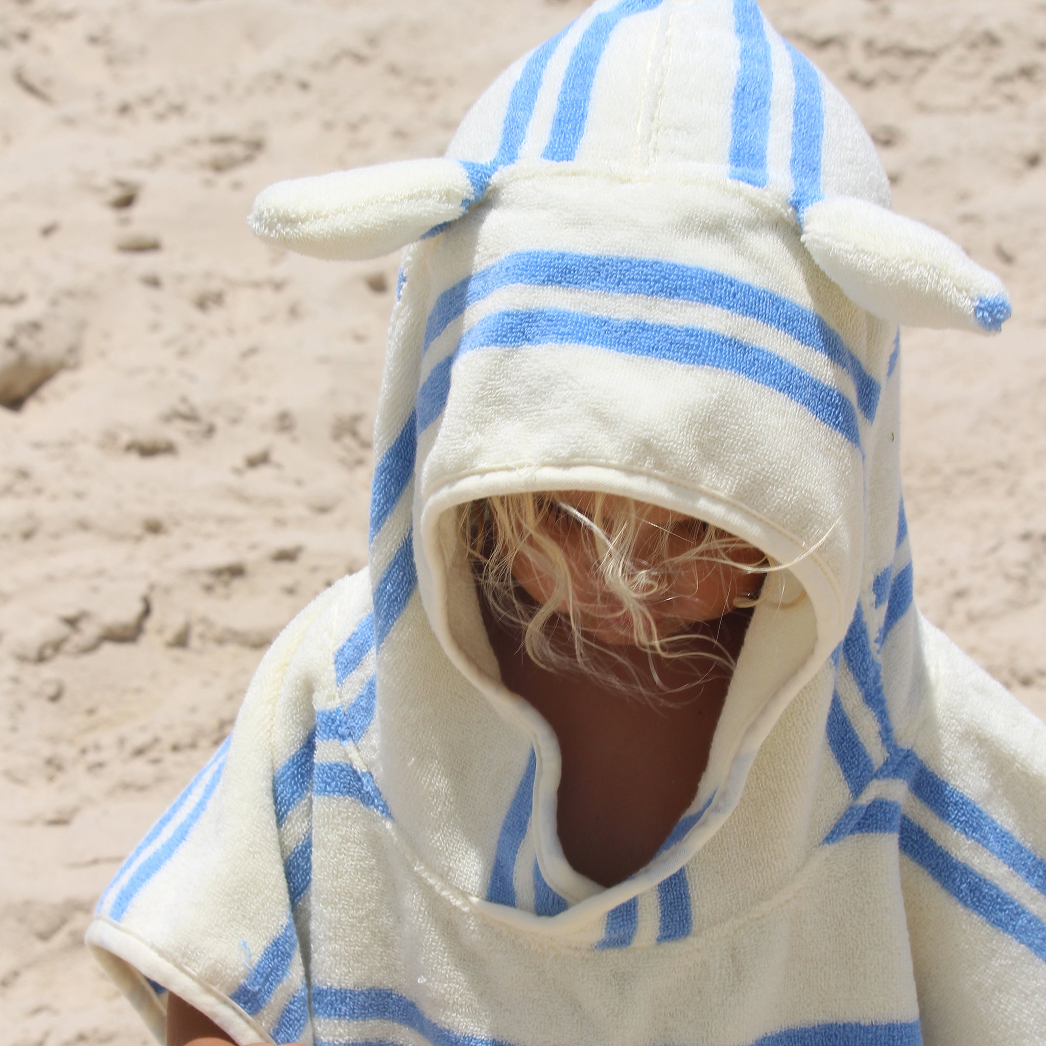 Kids Beach Poncho Towel - Sammy the Seagull Blue Stripe