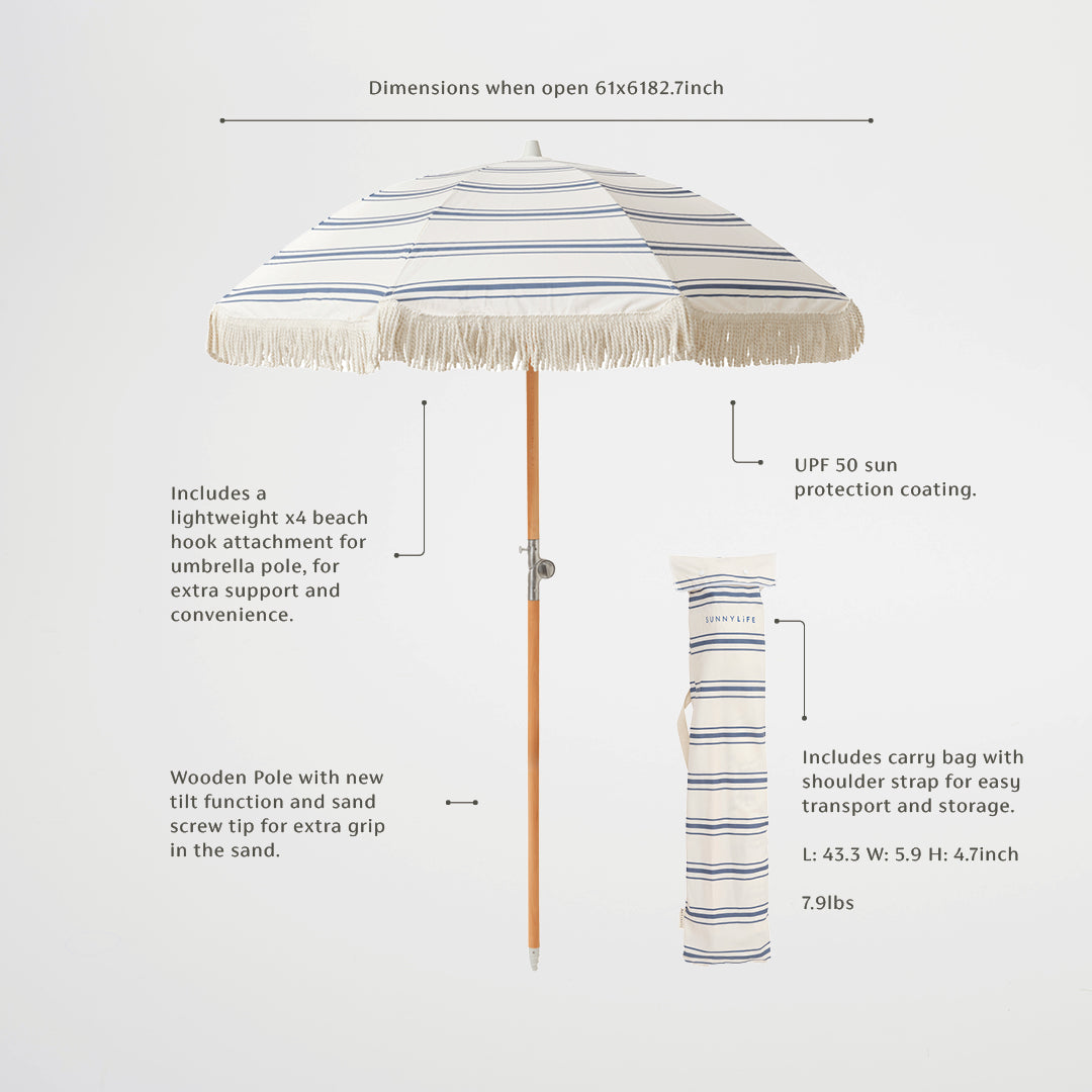 Sunnylife Luxe Beach Umbrella, Blue/White, Patio Decor Outdoor Umbrella
